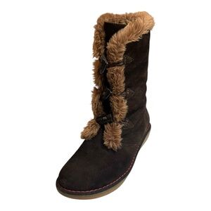 Earth Shoe Wyandot Brown Suede Leather Fur-Lined Boots w/ Toggles Womens Size 10